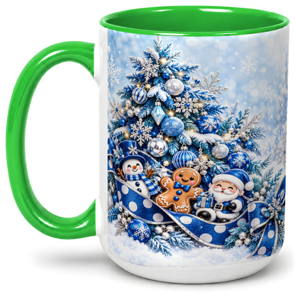 #pl[15oz|Green] Blue Christmas Tree Accent Mug, Ceramic Cup with Winter Snowman