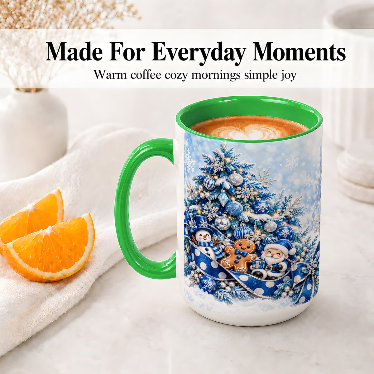 #pl[15oz|Green] Blue Christmas Tree Accent Mug, Ceramic Cup with Winter Snowman