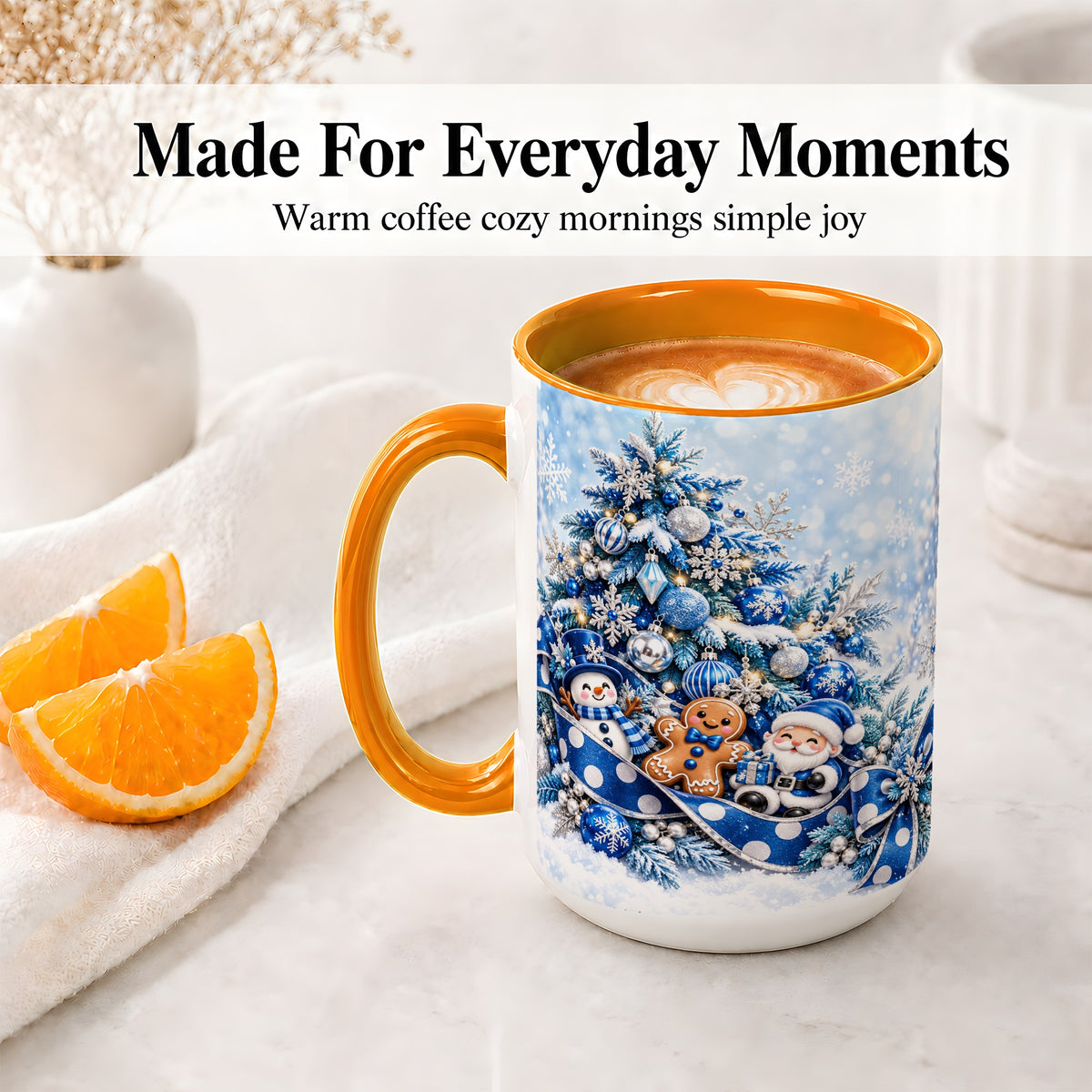#pl[15oz|Orange] Blue Christmas Tree Accent Mug, Ceramic Cup with Winter Snowman