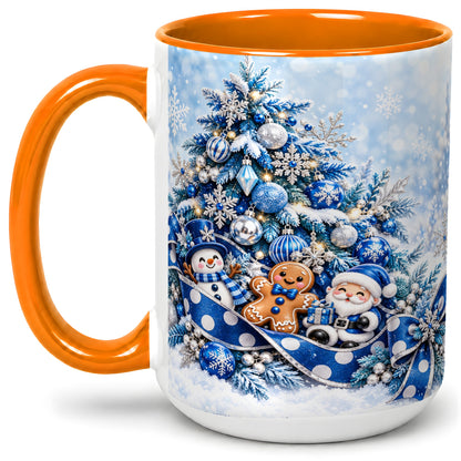 #pl[15oz|Orange] Blue Christmas Tree Accent Mug, Ceramic Cup with Winter Snowman