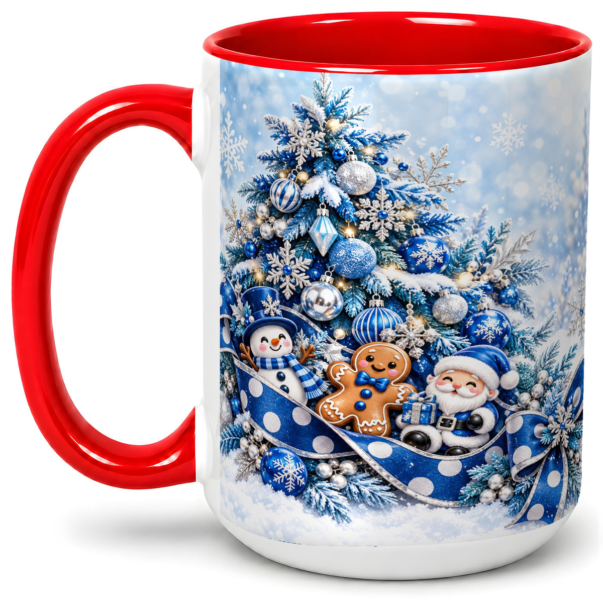 #pl[15oz|Red] Blue Christmas Tree Accent Mug, Ceramic Cup with Winter Snowman