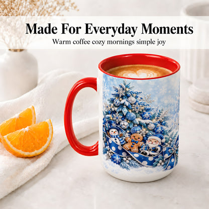 #pl[15oz|Red] Blue Christmas Tree Accent Mug, Ceramic Cup with Winter Snowman