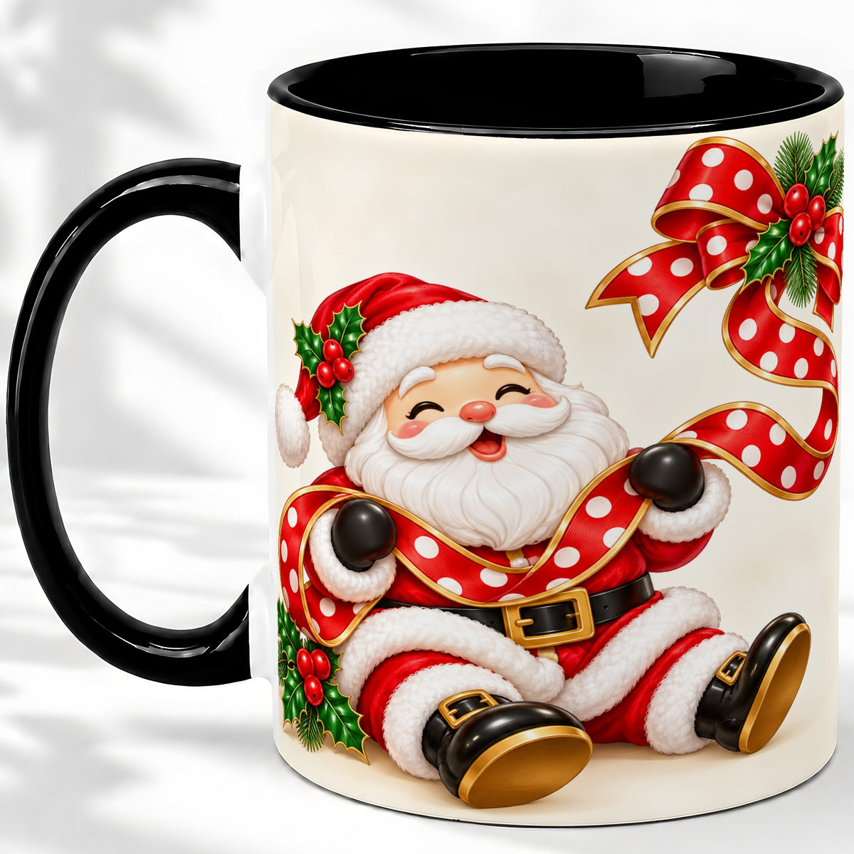 #pl[11oz|Black] Jolly Santa Claus Accent Mug, Ceramic Cup with Christmas Ribbon