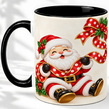 #pl[11oz|Black] Jolly Santa Claus Accent Mug, Ceramic Cup with Christmas Ribbon