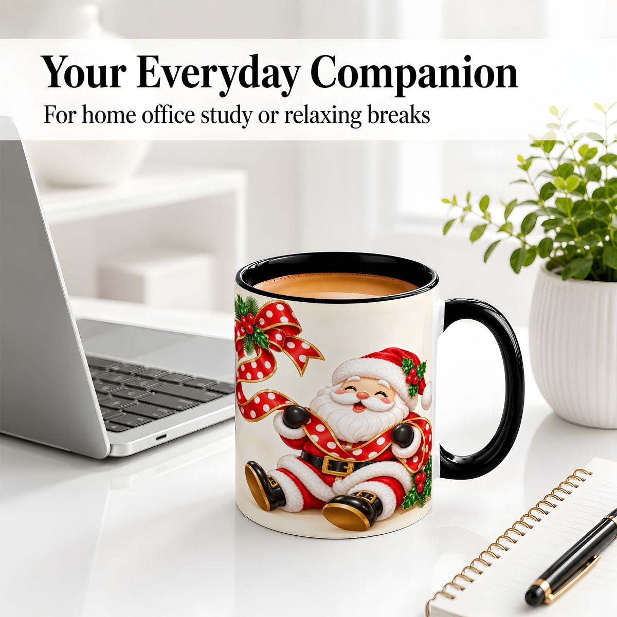 #pl[11oz|Black] Jolly Santa Claus Accent Mug, Ceramic Cup with Christmas Ribbon