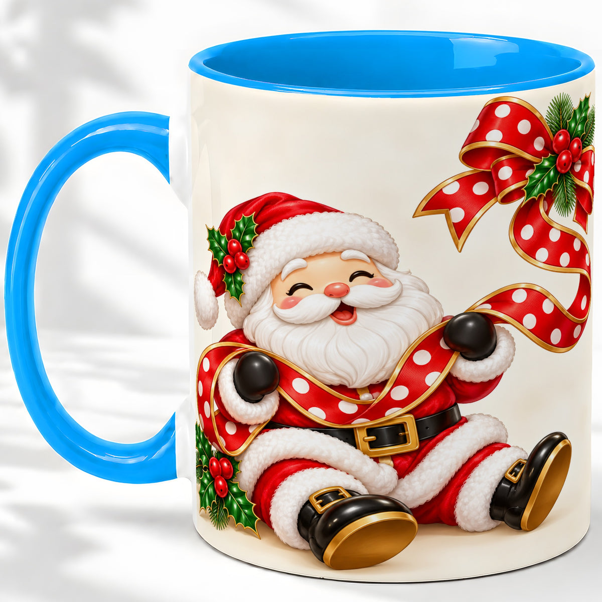 #pl[11oz|Blue] Jolly Santa Claus Accent Mug, Ceramic Cup with Christmas Ribbon