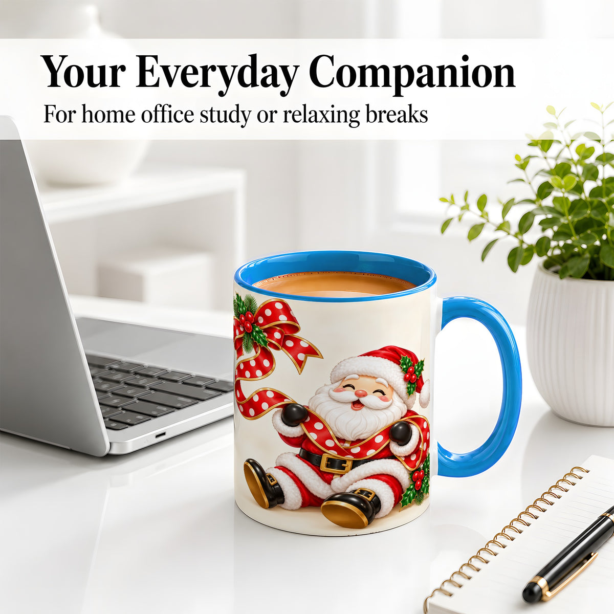 #pl[11oz|Blue] Jolly Santa Claus Accent Mug, Ceramic Cup with Christmas Ribbon