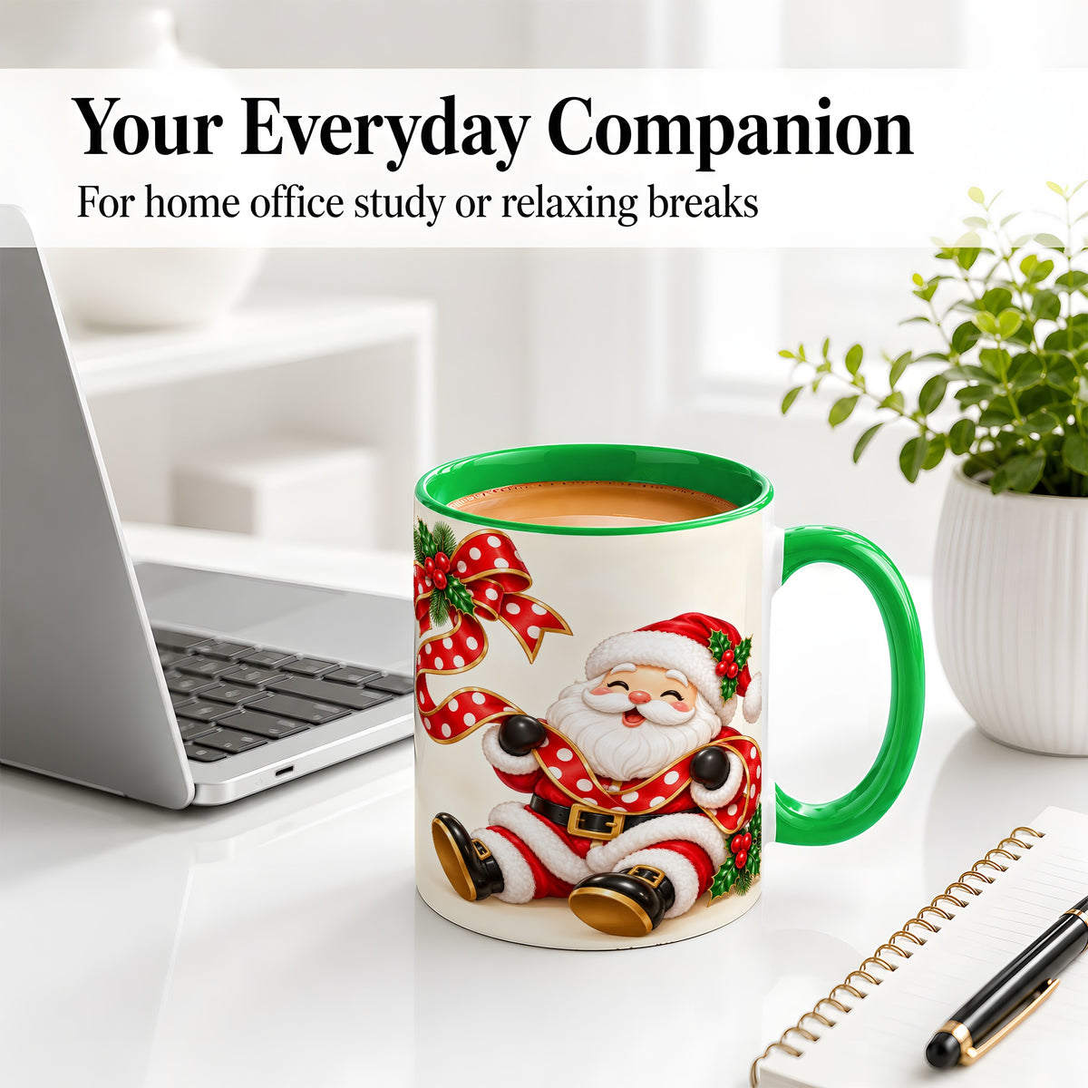 #pl[11oz|Green] Jolly Santa Claus Accent Mug, Ceramic Cup with Christmas Ribbon