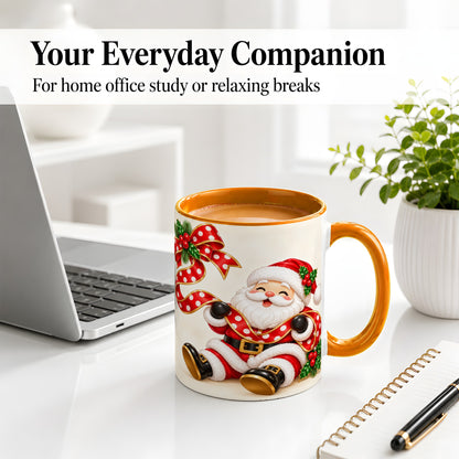 #pl[11oz|Orange] Jolly Santa Claus Accent Mug, Ceramic Cup with Christmas Ribbon