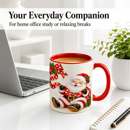 #pl[11oz|Red] Jolly Santa Claus Accent Mug, Ceramic Cup with Christmas Ribbon