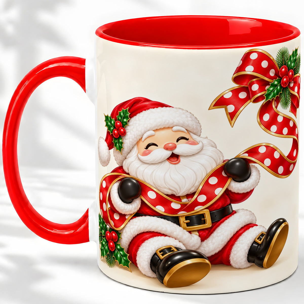 Jolly Santa Claus Accent Mug, Ceramic Cup with Christmas Ribbon