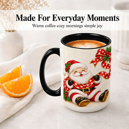 #pl[15oz|Black] Jolly Santa Claus Accent Mug, Ceramic Cup with Christmas Ribbon