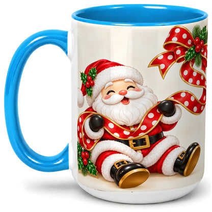 #pl[15oz|Blue] Jolly Santa Claus Accent Mug, Ceramic Cup with Christmas Ribbon
