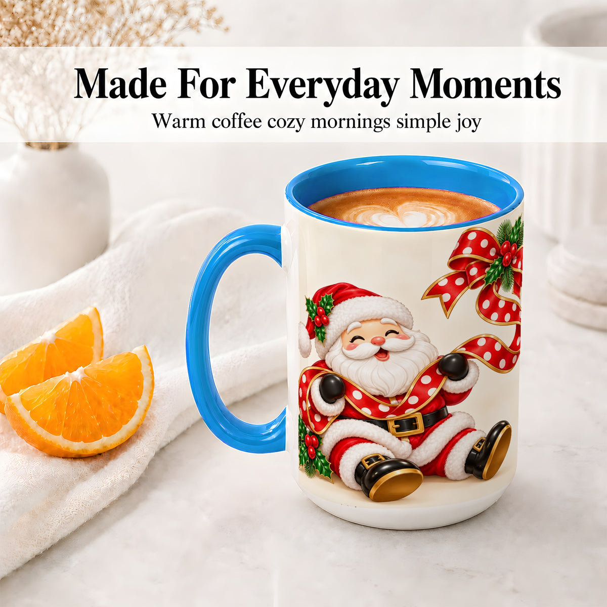 #pl[15oz|Blue] Jolly Santa Claus Accent Mug, Ceramic Cup with Christmas Ribbon