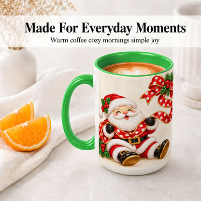 #pl[15oz|Green] Jolly Santa Claus Accent Mug, Ceramic Cup with Christmas Ribbon