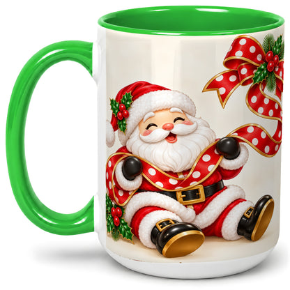 #pl[15oz|Green] Jolly Santa Claus Accent Mug, Ceramic Cup with Christmas Ribbon