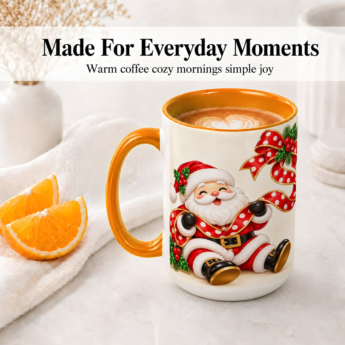 #pl[15oz|Orange] Jolly Santa Claus Accent Mug, Ceramic Cup with Christmas Ribbon