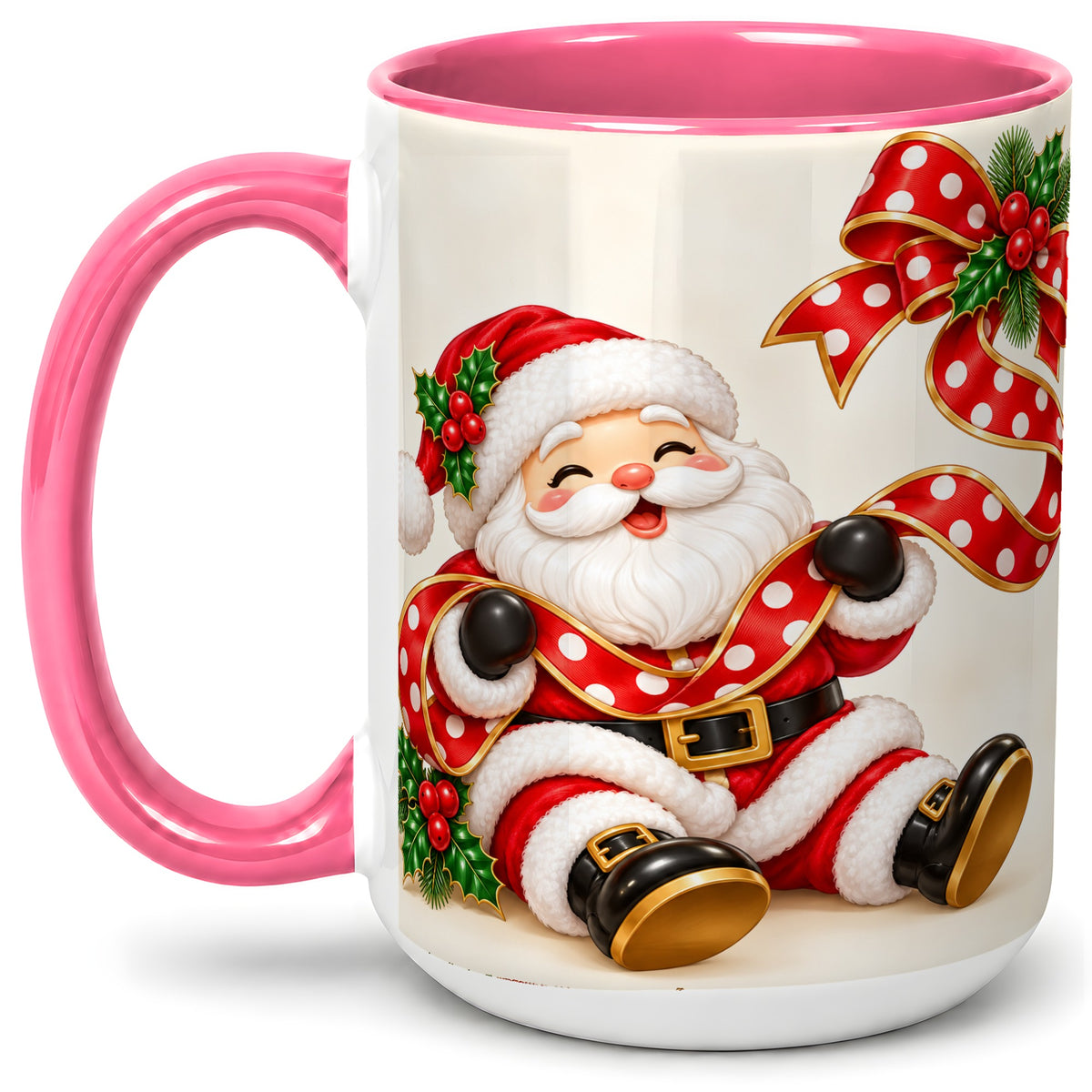 #pl[15oz|Pink] Jolly Santa Claus Accent Mug, Ceramic Cup with Christmas Ribbon
