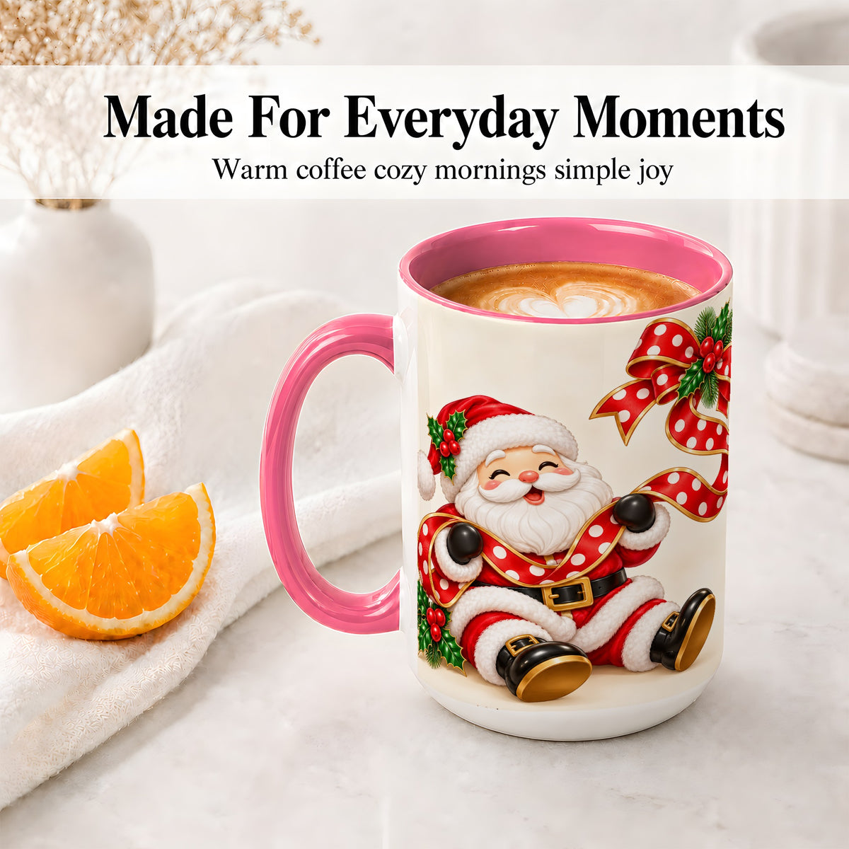 #pl[15oz|Pink] Jolly Santa Claus Accent Mug, Ceramic Cup with Christmas Ribbon