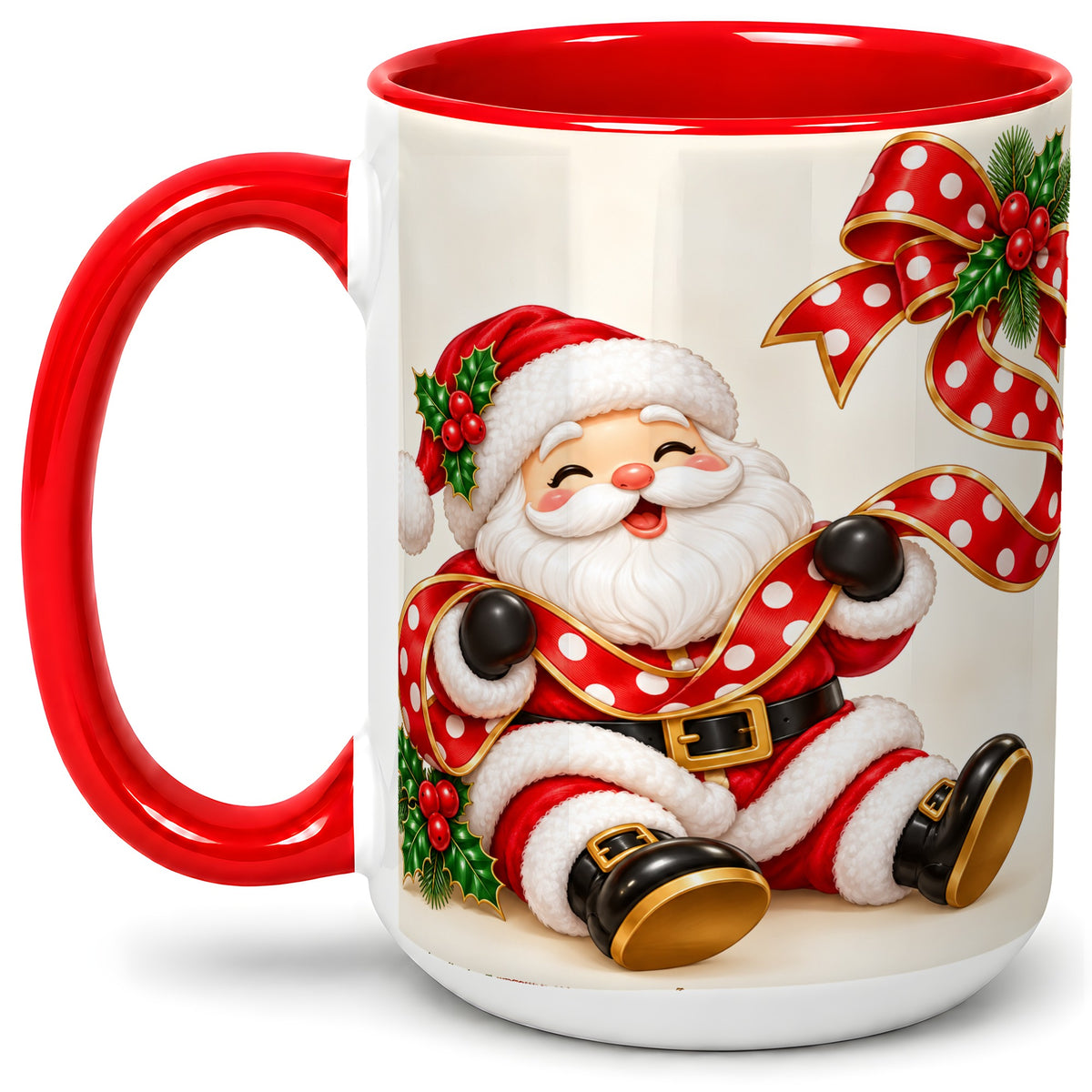 #pl[15oz|Red] Jolly Santa Claus Accent Mug, Ceramic Cup with Christmas Ribbon