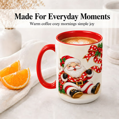 #pl[15oz|Red] Jolly Santa Claus Accent Mug, Ceramic Cup with Christmas Ribbon