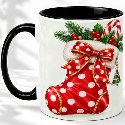 #pl[11oz|Black] Christmas Stocking Accent Mug, Ceramic Cup with Red Holiday Bow