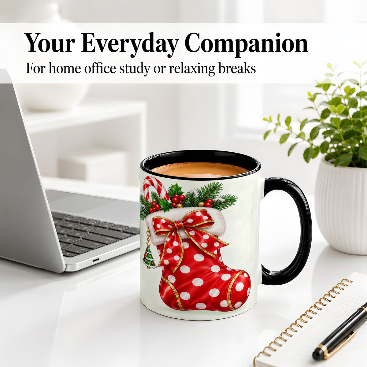 #pl[11oz|Black] Christmas Stocking Accent Mug, Ceramic Cup with Red Holiday Bow