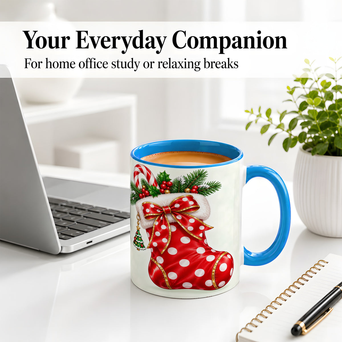 #pl[11oz|Blue] Christmas Stocking Accent Mug, Ceramic Cup with Red Holiday Bow
