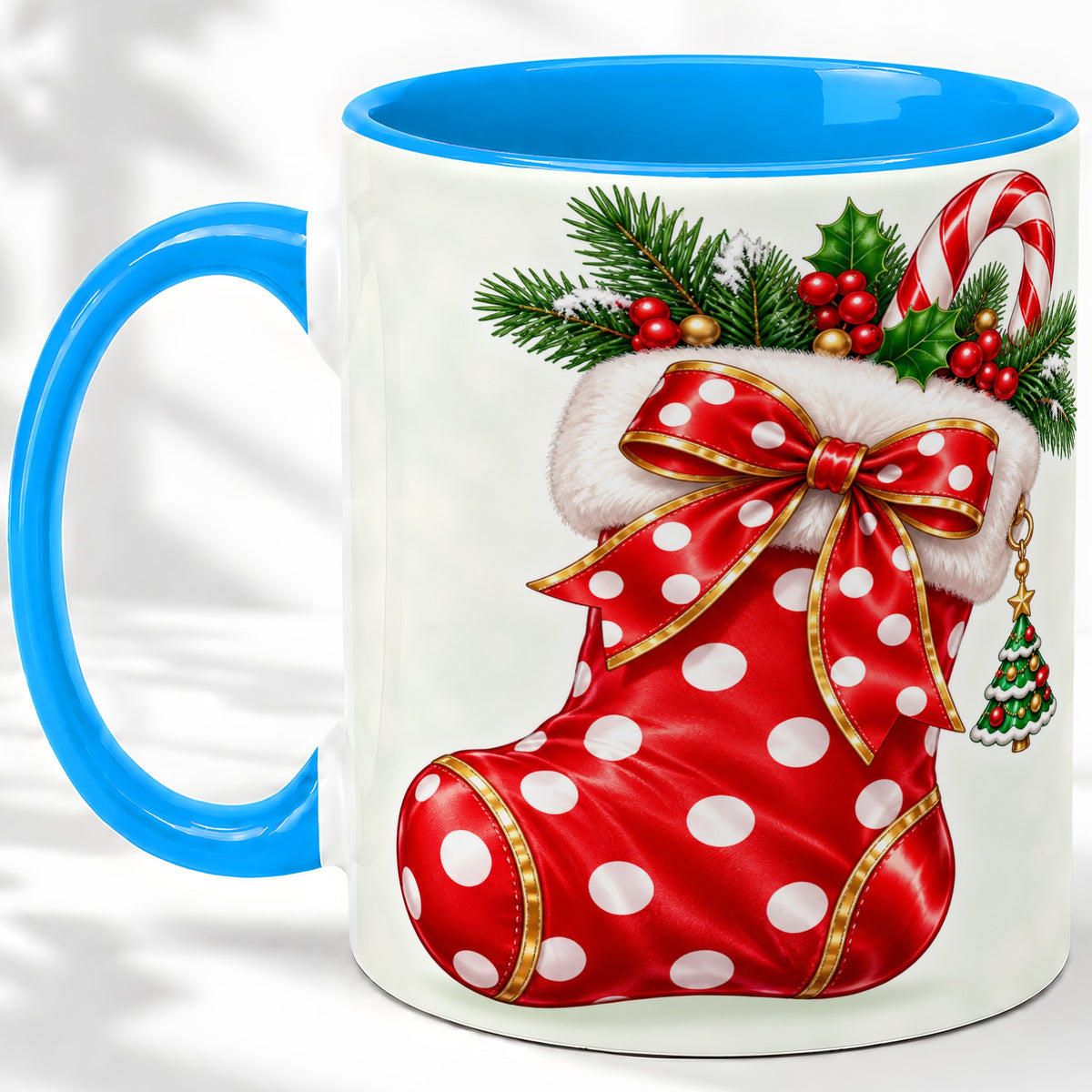 #pl[11oz|Blue] Christmas Stocking Accent Mug, Ceramic Cup with Red Holiday Bow