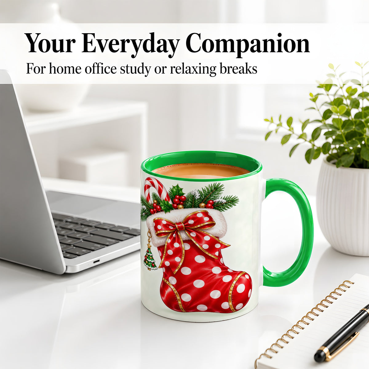 #pl[11oz|Green] Christmas Stocking Accent Mug, Ceramic Cup with Red Holiday Bow