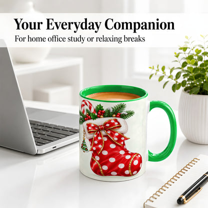 #pl[11oz|Green] Christmas Stocking Accent Mug, Ceramic Cup with Red Holiday Bow