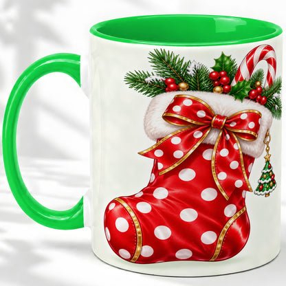 #pl[11oz|Green] Christmas Stocking Accent Mug, Ceramic Cup with Red Holiday Bow