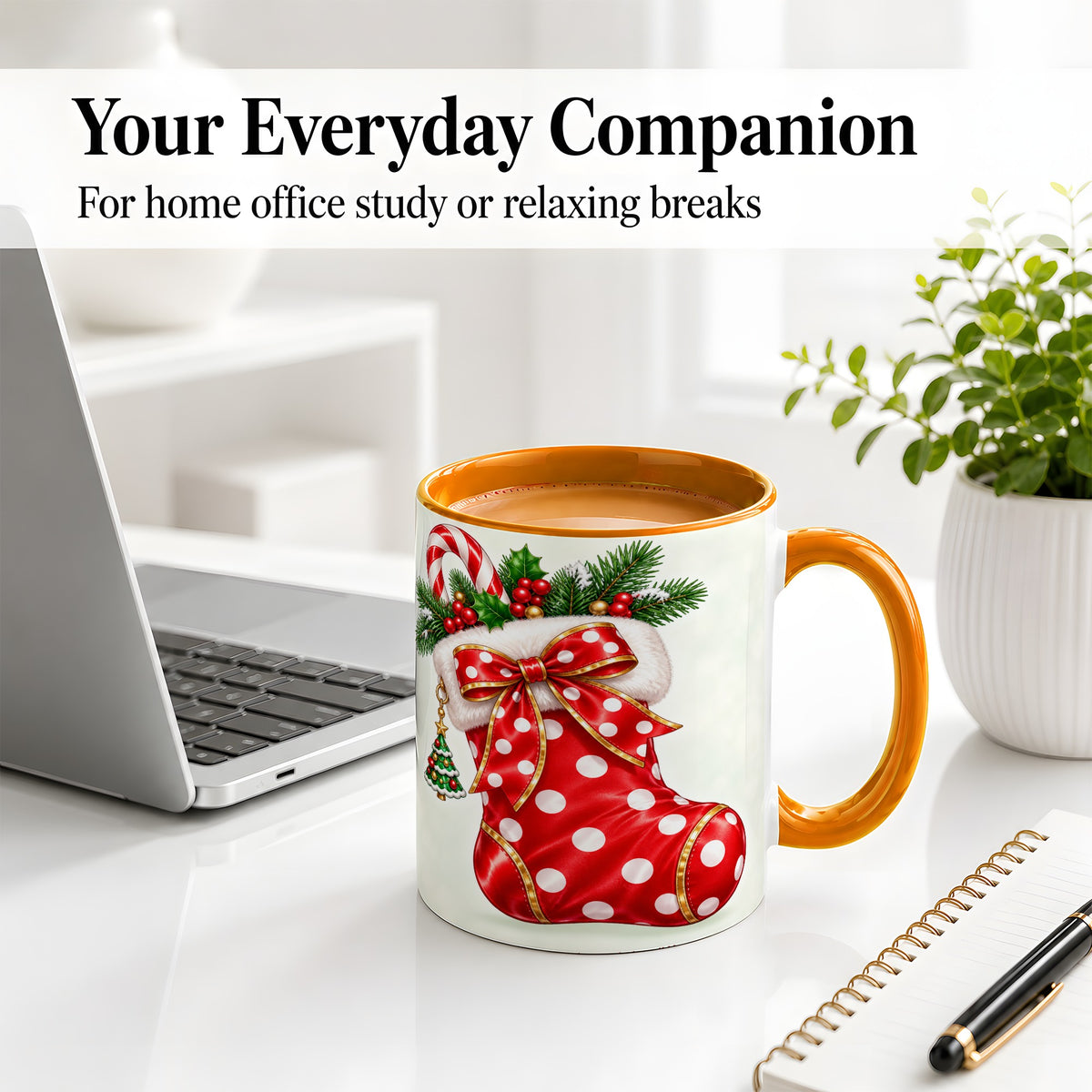 #pl[11oz|Orange] Christmas Stocking Accent Mug, Ceramic Cup with Red Holiday Bow