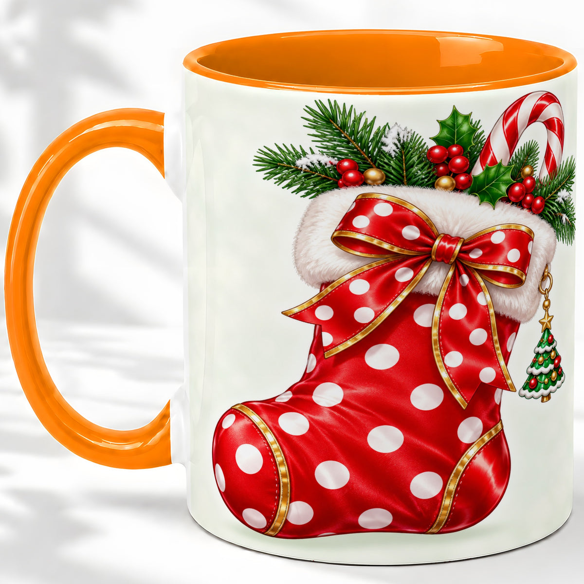 #pl[11oz|Orange] Christmas Stocking Accent Mug, Ceramic Cup with Red Holiday Bow