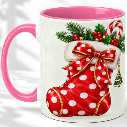 #pl[11oz|Pink] Christmas Stocking Accent Mug, Ceramic Cup with Red Holiday Bow