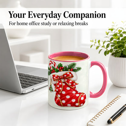 #pl[11oz|Pink] Christmas Stocking Accent Mug, Ceramic Cup with Red Holiday Bow