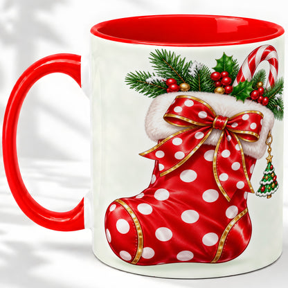 Christmas Stocking Accent Mug, Ceramic Cup with Red Holiday Bow