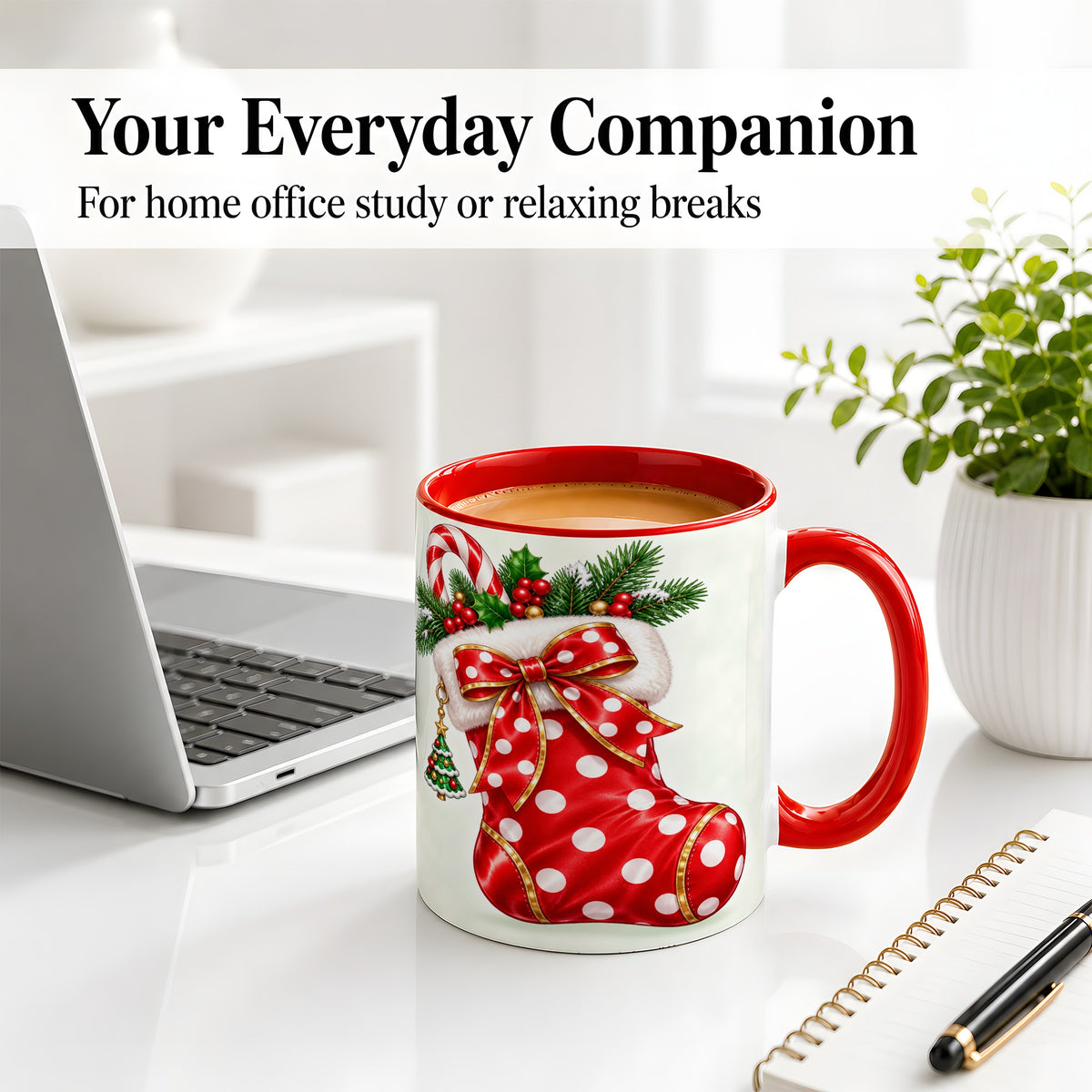 #pl[11oz|Red] Christmas Stocking Accent Mug, Ceramic Cup with Red Holiday Bow