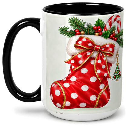 #pl[15oz|Black] Christmas Stocking Accent Mug, Ceramic Cup with Red Holiday Bow