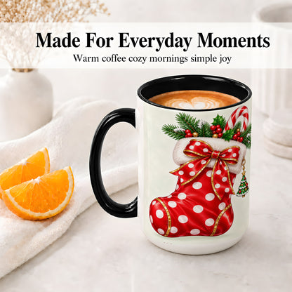 #pl[15oz|Black] Christmas Stocking Accent Mug, Ceramic Cup with Red Holiday Bow