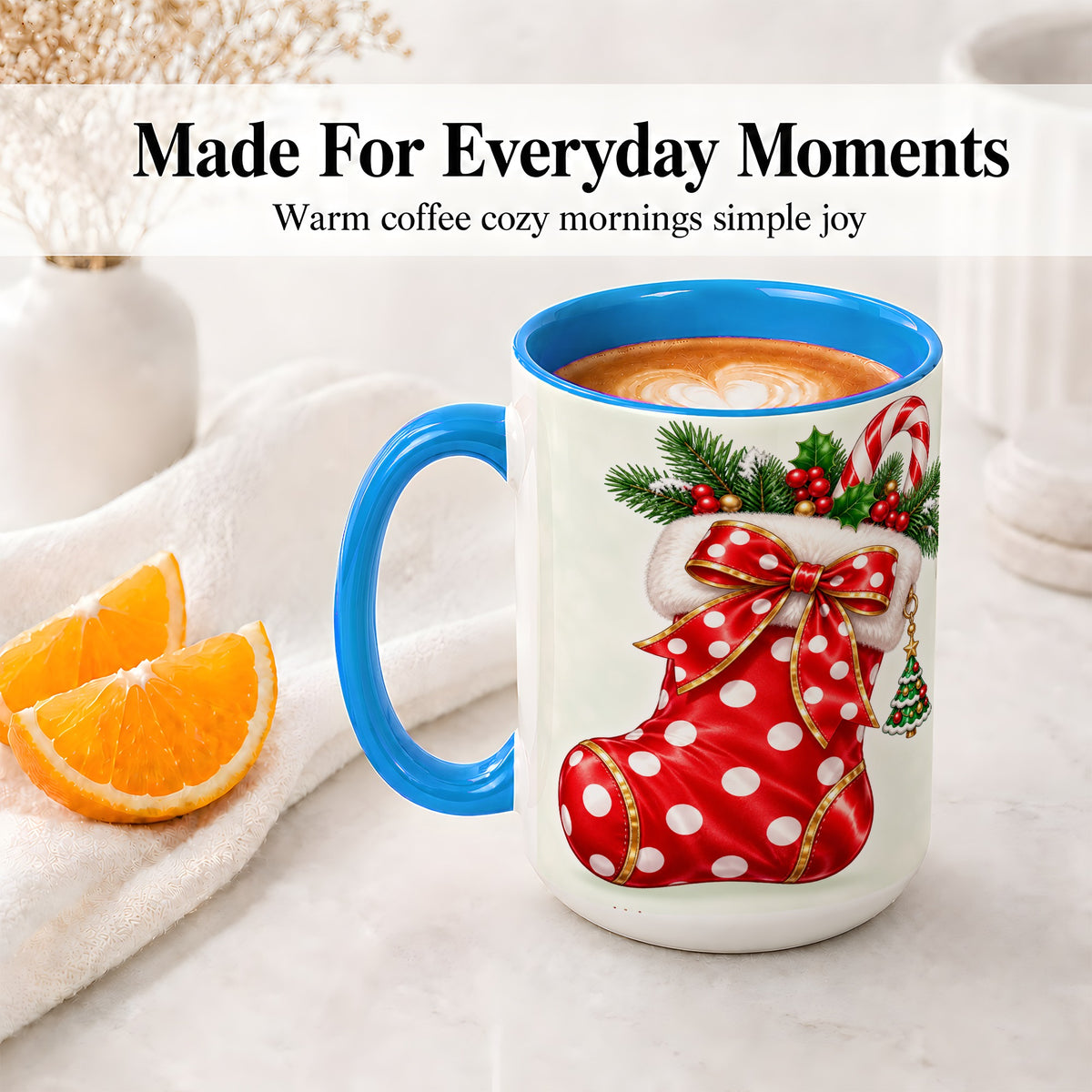 #pl[15oz|Blue] Christmas Stocking Accent Mug, Ceramic Cup with Red Holiday Bow