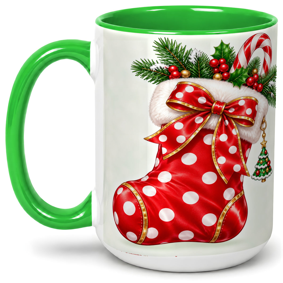 #pl[15oz|Green] Christmas Stocking Accent Mug, Ceramic Cup with Red Holiday Bow