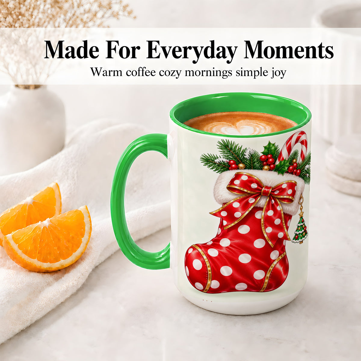 #pl[15oz|Green] Christmas Stocking Accent Mug, Ceramic Cup with Red Holiday Bow