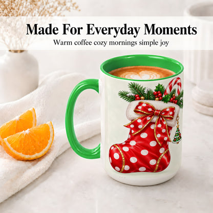 #pl[15oz|Green] Christmas Stocking Accent Mug, Ceramic Cup with Red Holiday Bow