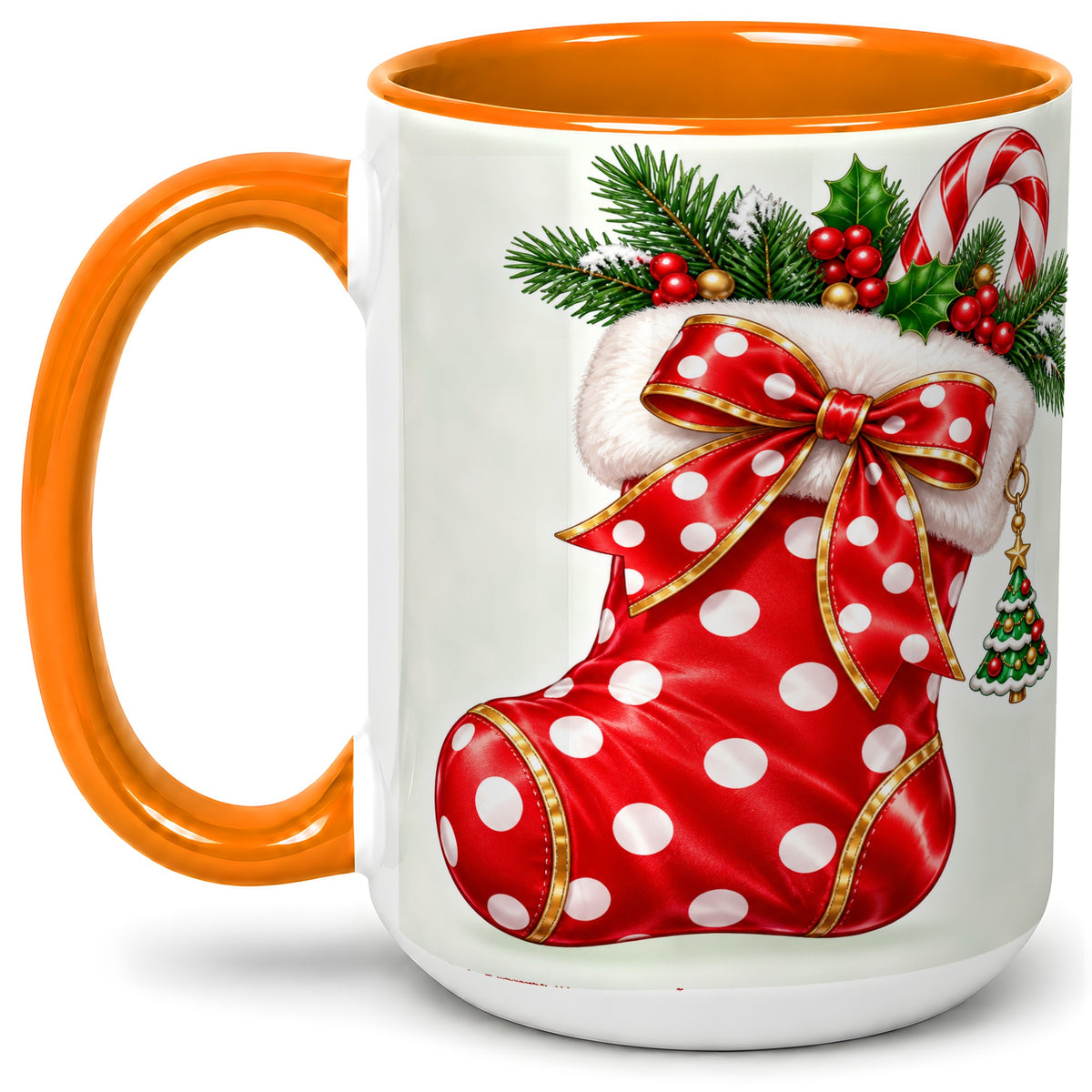 #pl[15oz|Orange] Christmas Stocking Accent Mug, Ceramic Cup with Red Holiday Bow