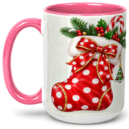 #pl[15oz|Pink] Christmas Stocking Accent Mug, Ceramic Cup with Red Holiday Bow