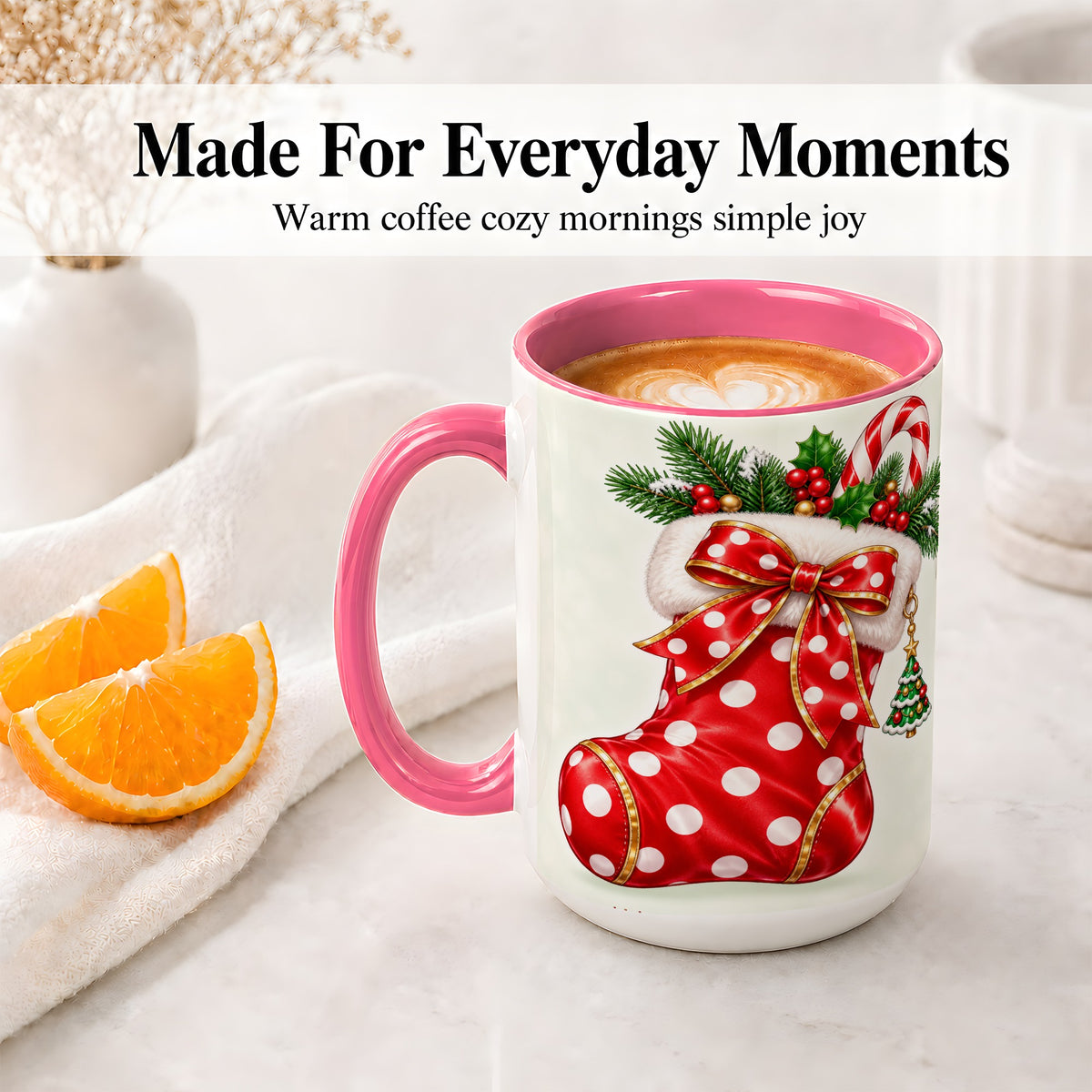 #pl[15oz|Pink] Christmas Stocking Accent Mug, Ceramic Cup with Red Holiday Bow