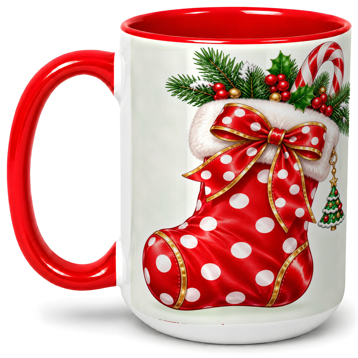 #pl[15oz|Red] Christmas Stocking Accent Mug, Ceramic Cup with Red Holiday Bow