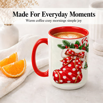 #pl[15oz|Red] Christmas Stocking Accent Mug, Ceramic Cup with Red Holiday Bow