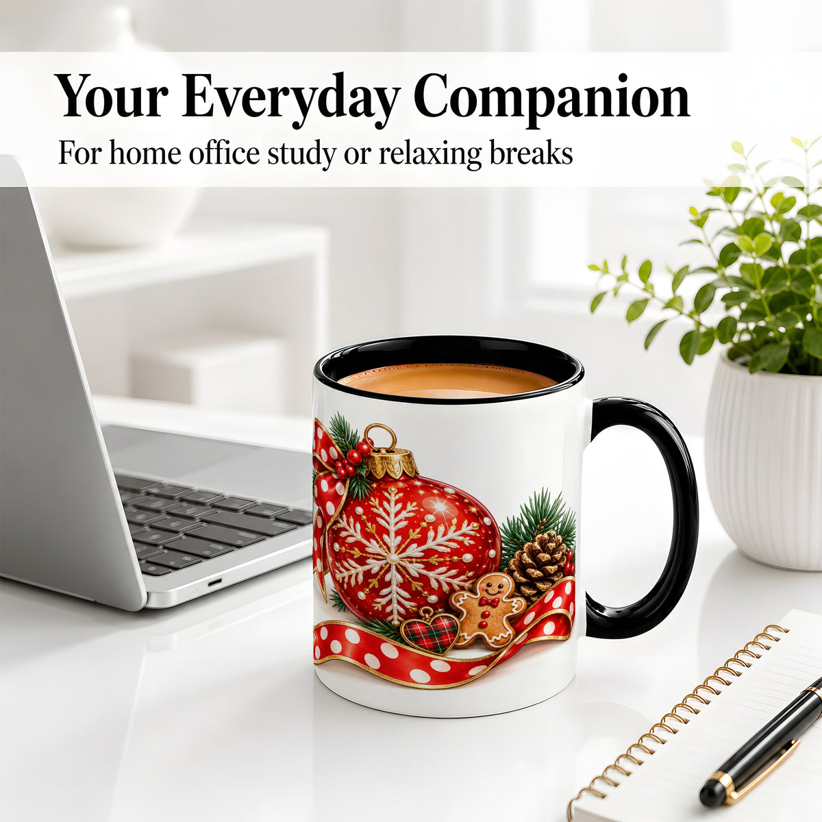 #pl[11oz|Black] Red Christmas Ornament Accent Mug, Ceramic Cup with Snowflake Art